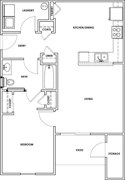 Floor plan for 1 bed, 1 bath, 763 sqft